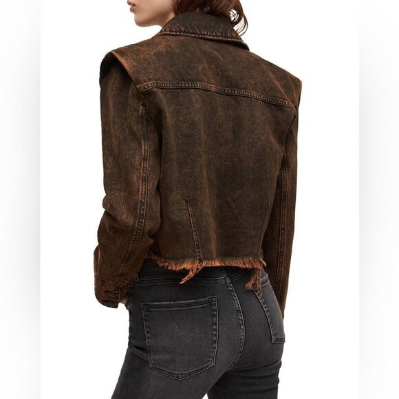 All Saints Pat Black Frayed Denim Jacket Size 2 - Picture 2 of 9